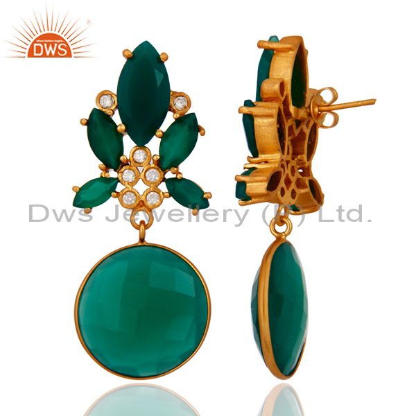 Exporter Bezel-Set Faceted Green Onyx And CZ Dangle Earrings In 18K Gold Over Brass