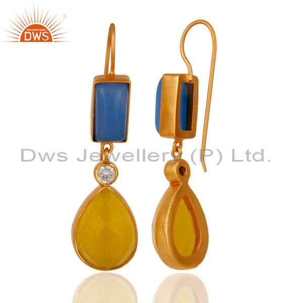 Exporter 22K Yellow Gold Plated Blue Chalcedony And Moonstone Dangle Earrings With CZ