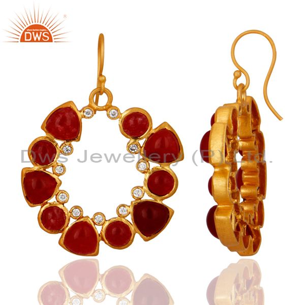 Exporter Handmade Red Aventurine And Cubic Zirconia Gold Plated Designer Earrings