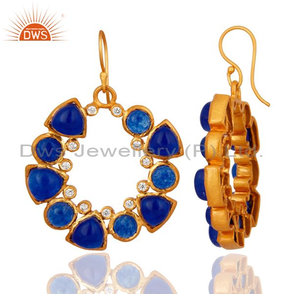 Exporter Handmade Natural Blue Aventurine And CZ Designer Earrings - Yellow Gold Plated