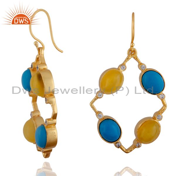 Exporter 22K Yellow Gold Plated Brass Yellow Moonstone And Turquoise Dangle Earrings