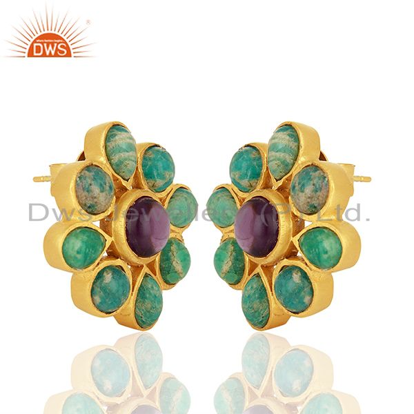 Exporter Amazonite Gemstone Gold Plated Brass Fashion Earrings Jewelry Supplier