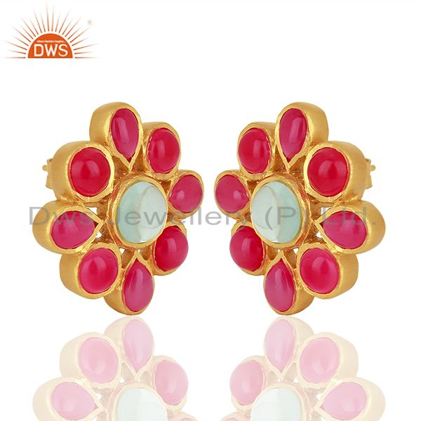 Exporter Pink Chalcedony Gemstone Gold Plated Stud Earrings Designer Jewelry