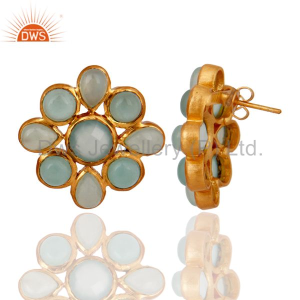Exporter 22K Yellow Gold Plated Brass Aqua Chalcedony Glass Womens Flower Stud Earrings