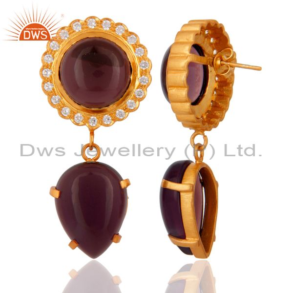 Exporter 18K Yellow Gold Plated Hydro Amethyst Gemstone Dangle Earrings With CZ