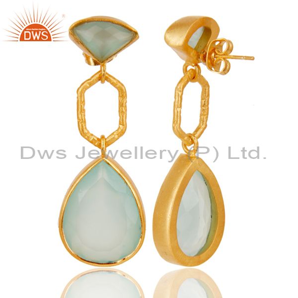 Suppliers 22K Yellow Gold Plated Brass Aqua Chalcedony Glass Dangle Earrings