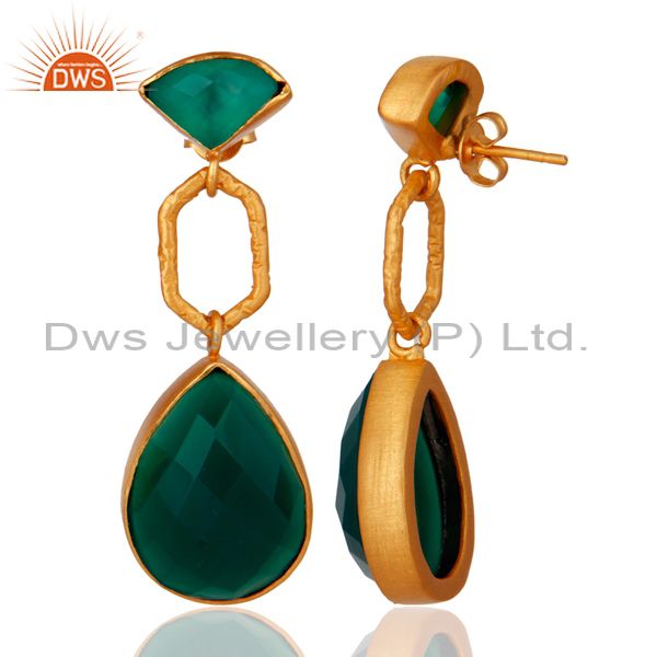 Exporter 22K Yellow Gold Plated Sterling Silver Green Onyx Gemstone Dangle Earrings