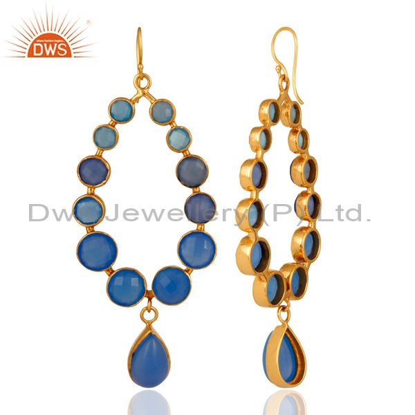 Exporter Dyed Blue Chalcedony Gemstone Handmade Dangle Earrings With 18K Gold Plated