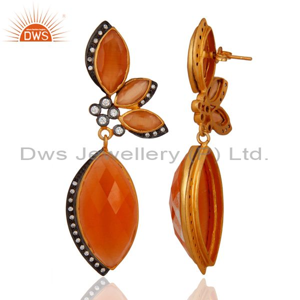 Exporter Peach Moonstone And Cubic Zirconia Fashion Earrings In 18K Gold Plated