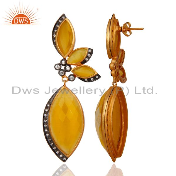 Exporter 22K Yellow Gold Plated Yellow Moonstone And CZ Designer Fashion Dangle Earrings