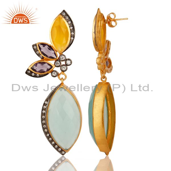 Exporter Dyed Aqua Blue Chalcedony & Amethyst 18K Gold Plated Dangle Earrings With CZ