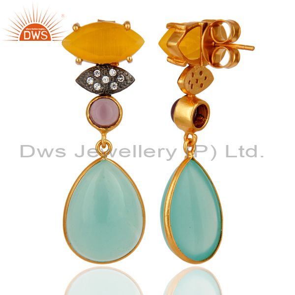 Exporter 22K Gold Plated Blue Chalcedony And Hydro Amethyst Dangle Earrings With CZ