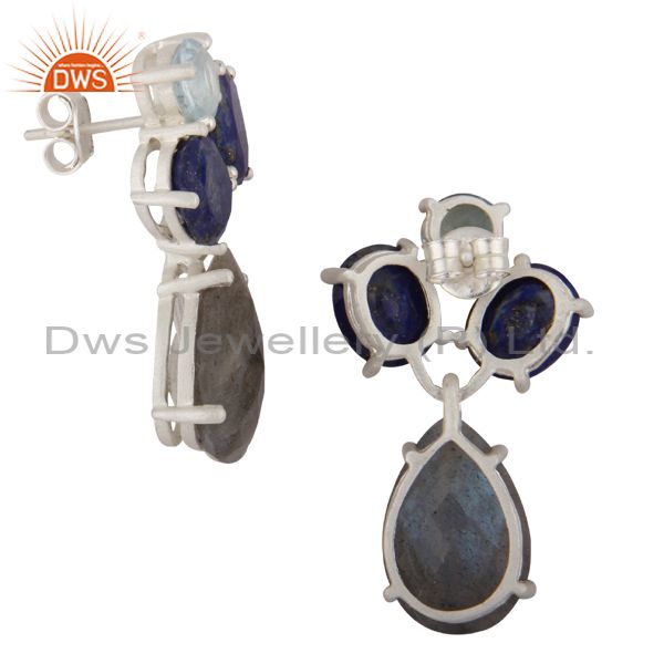 Exporter Lapis Lazuli, Blue Topaz And Labradorite Cluster Dangle Earrings In 925 Silver