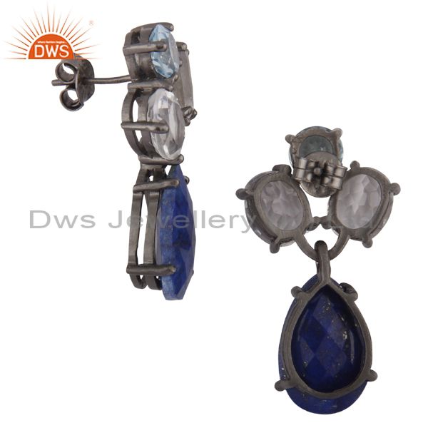 Suppliers Blue Topaz, Crystal Quartz And Lapis Lazuli Drop Earrings In Oxidized 925 Silver