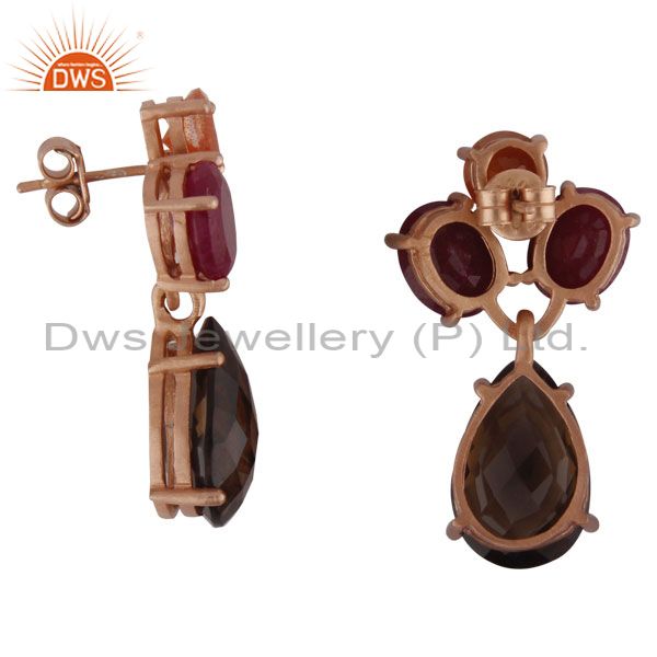 Suppliers 18K Rose Gold Plated Sterling Silver Ruby And Smoky Quartz Cluster Drop Earrings