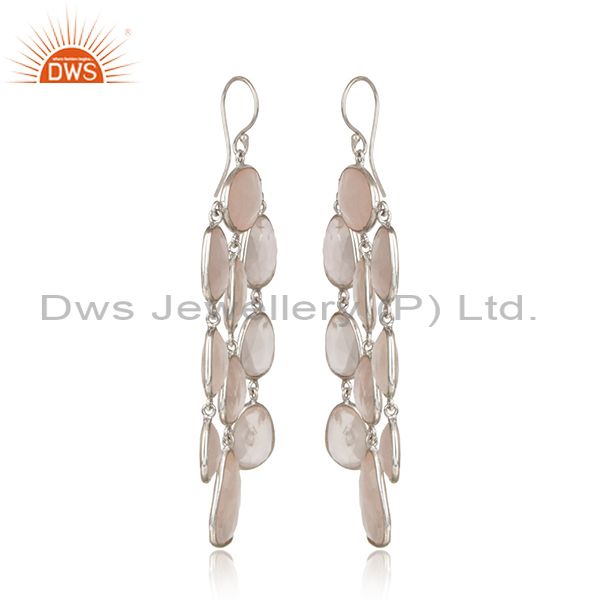Designer chandelier earring in rhodium on silver with rose quartz