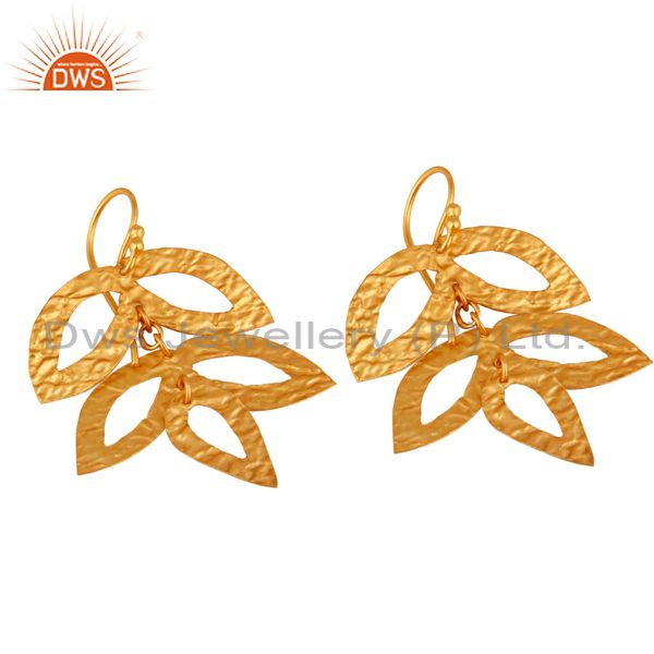 Exporter 14K Yellow Gold Plated 925 Sterling Silver Handmade Leaf Design Earrings Jewelry
