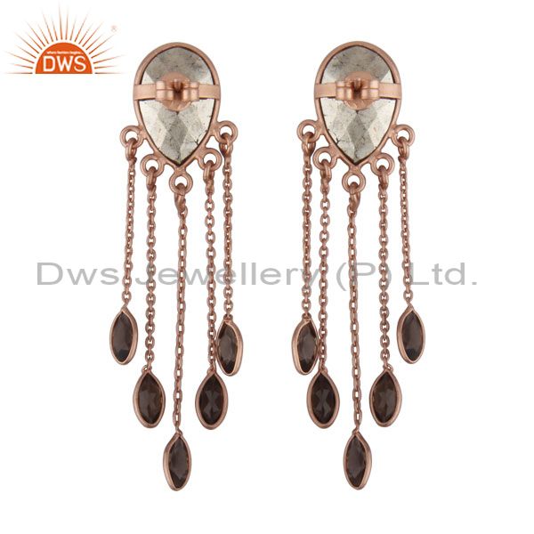 Exporter 18K Rose Gold Plated Sterling Silver Pyrite And Smoky Quartz Chandelier Earrings