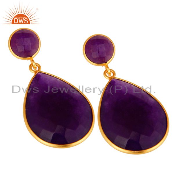 Wholesalers 18K Gold Plated Faceted Purple Chalcedony Sterling Silver Bezel-Set Earrings