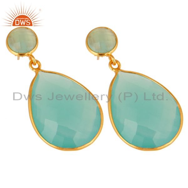 Exporter Dyed Aqua Blue Chalcedony Gemstone Bezel Set Drop Earring Gold Plated Silver