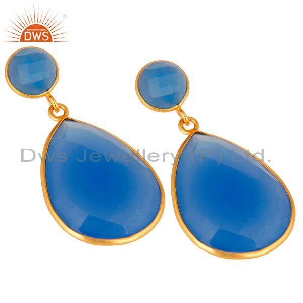 Wholesalers Gold Plated Sterling Silver Faceted Blue Chalcedony Gemstone Bezel Set Earrings