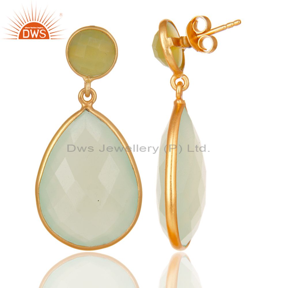 Wholesalers Dyed Chalcedony Sterling Silver Bezel-Set Stones Dangle Earrings - Gold Plated