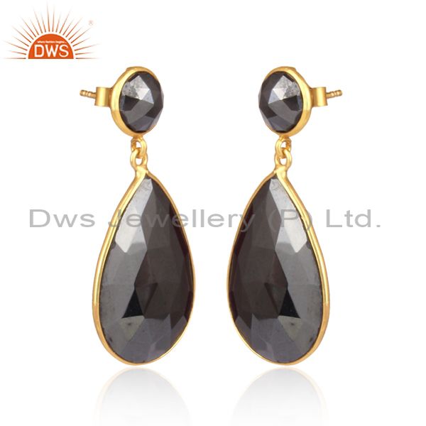 Hematite Set Gold On Silver Pear Shaped Statement Earrings
