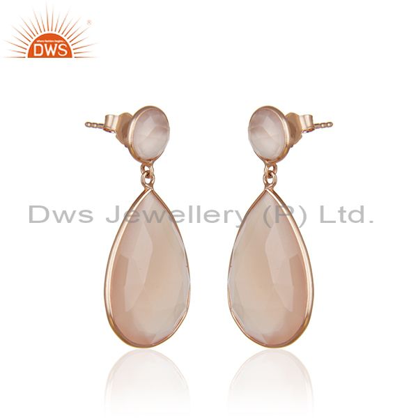 Exporter Rose Chalcedony Gemstone Solid Silver Rose Gold Plated Dangle Earrings Wholesale
