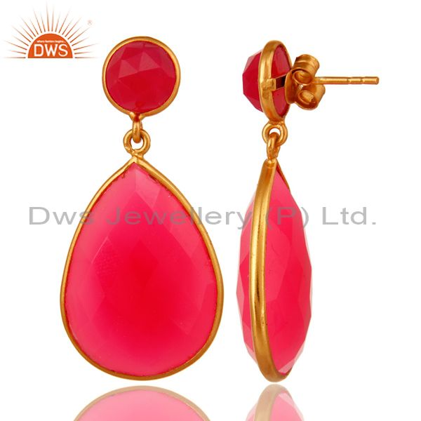 Suppliers Pink Chalcedony Gemstone Double Drop Earrings In 18K Gold On Sterling Silver
