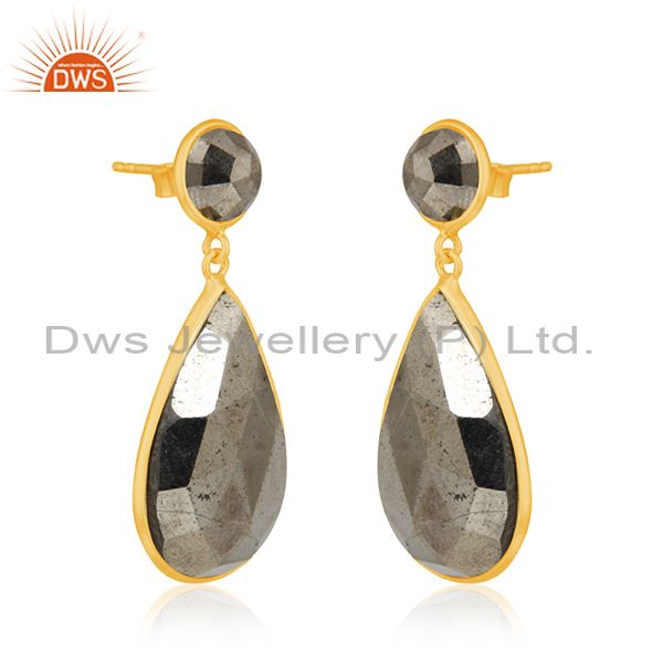 Exporter Pyrite Gemstone Gold Plated 925 Silver Dangle Earrings Manufacturer India