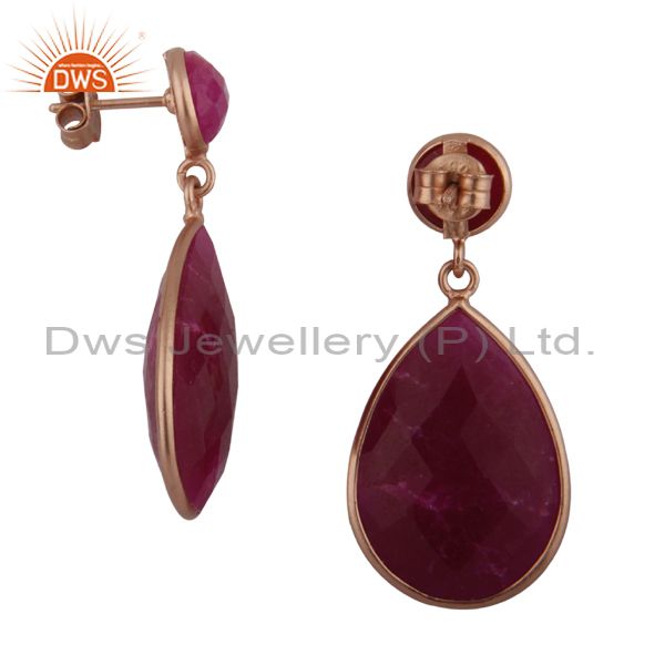 Exporter 18K Rose Gold Plated Sterling Silver Dyed Ruby Bezel Set Double Drop Earrings