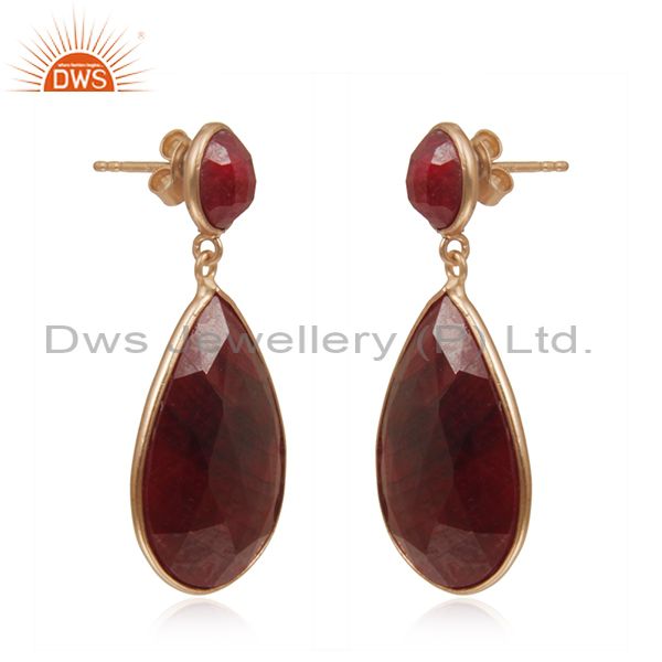Exporter Corundum Ruby Gemstone Rose Gold Plated 925 Silver Earrings Manufacturer India