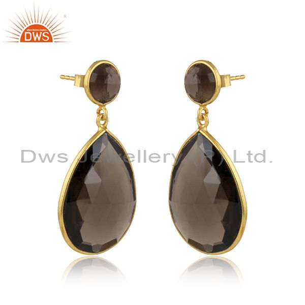 Wholesalers Faceted Smoky Quartz Gemstone Sterling Silver Drop Dangle Earrings - Gold Plated