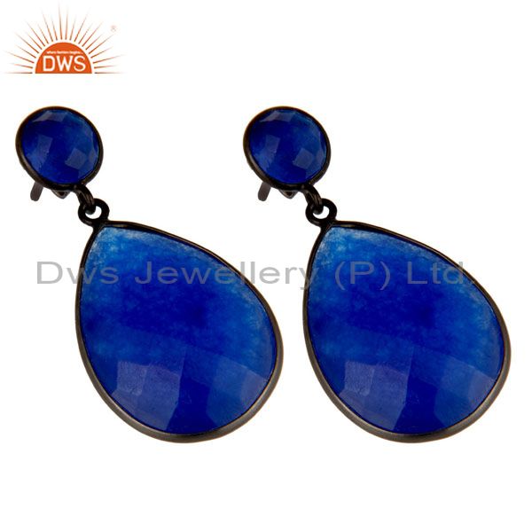 Wholesalers Oxidized Sterling Silver Faceted Blue Aventurine Bezel Set Double Drop Earrings
