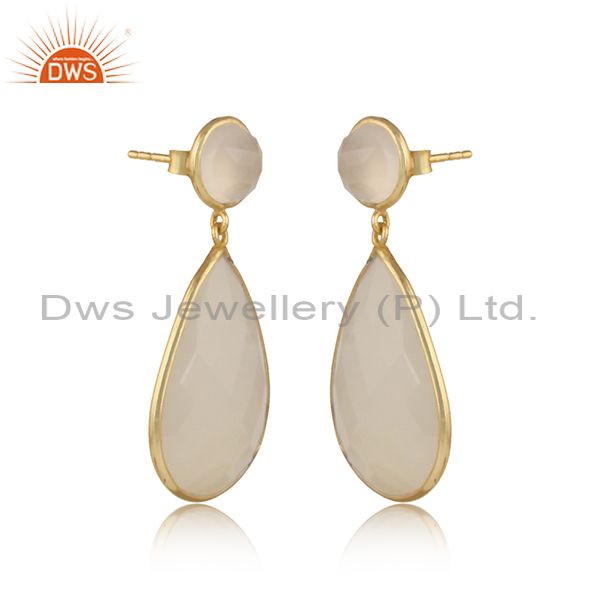Handcrafted yellow gold on silver white chalcedony drop dangles