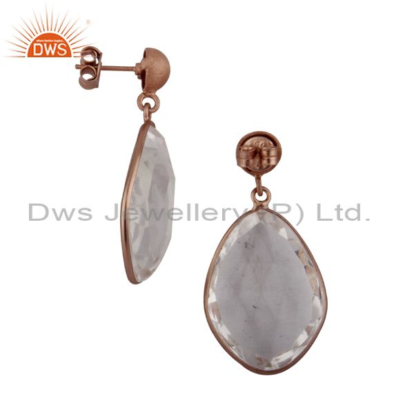 Exporter 22K Rose Gold Plated Sterling Silver Crystal Quartz Bezel Set Dangle Earrings