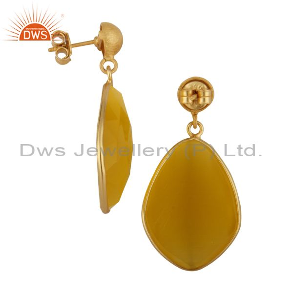 Exporter 18K Yellow Gold Plated Sterling Silver Yellow Moonstone Bezel Set Drop Earrings