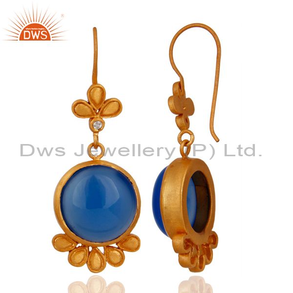 Exporter 24k Gold Plated White Zircon & Blue Chalcedony Round Flower Designer Earrigns