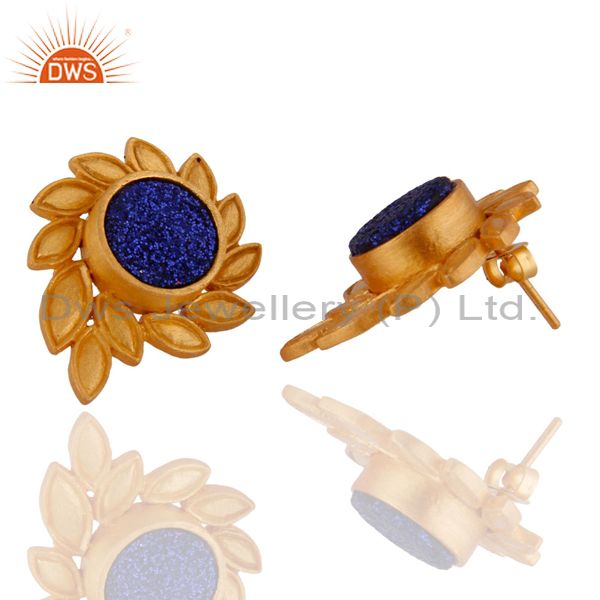 Exporter 22K Yellow Gold Plated Brass Blue Druzy Agate Designer Stud Earrings For Women