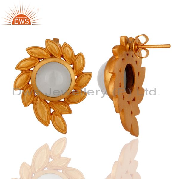 Exporter Handmade White Moonstone Stud Earrings In 18K Yellow Gold Over Brass