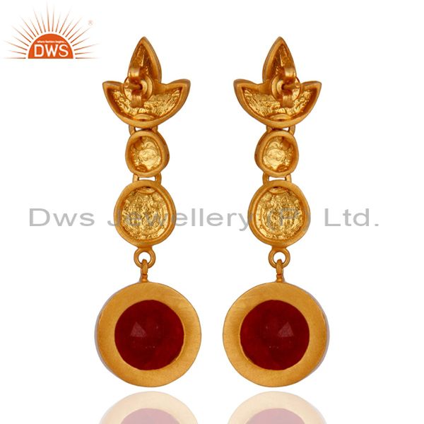 Exporter 18k Yellow Gold Over Brass Red Aveturine  Round White Zircon Women Earrings