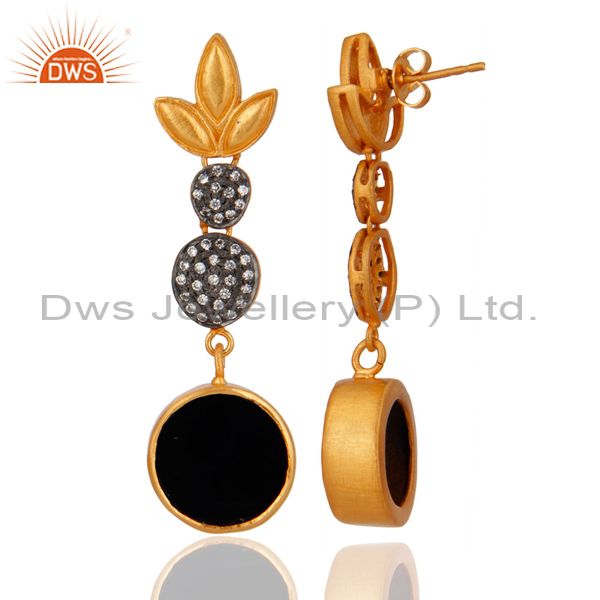 Exporter 18k Yellow Gold Plated Brass Black onyx Round White Zircon Women Earrings