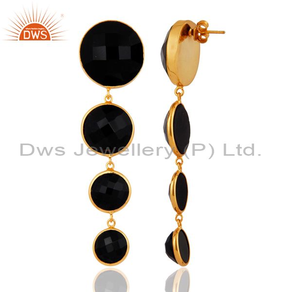 Exporter 18K Yellow Gold Plated Sterling Silver Black Onyx Bezel Set Dangle Earrings