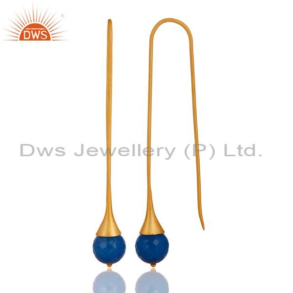 Exporter 18K Gold Plated Sterling Silver Dyed Blue Chalcedony Gemstone Dangle Earrings