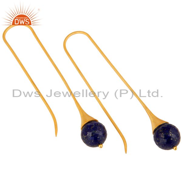 Exporter 18K Gold Plated Sterling Silver Handmade Faceted Lapis Lazuli Dangle Earrings
