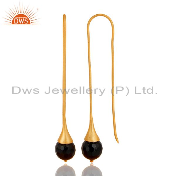Exporter 18K Yellow Gold Plated 925 Sterling Silver Black Onyx Gemstone Dangle Earrings