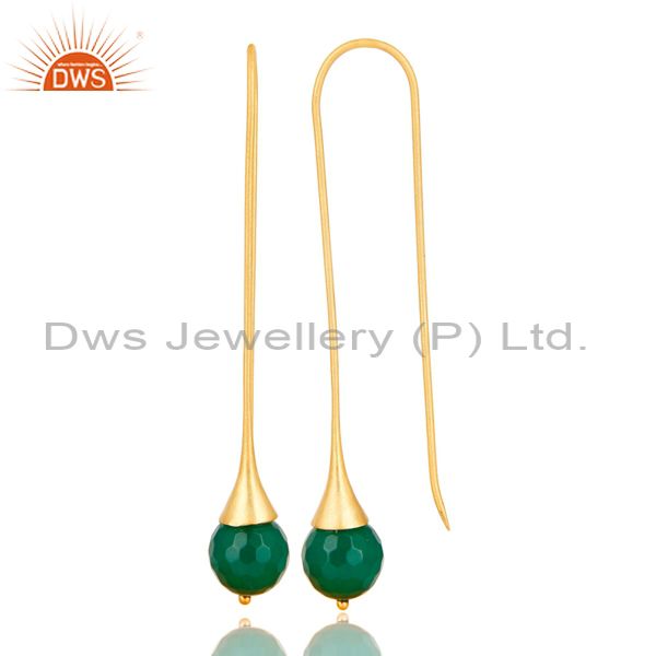 Exporter 18K Yellow Gold Plated 925 Sterling Silver Faceted Green Onyx Dangle Earrings
