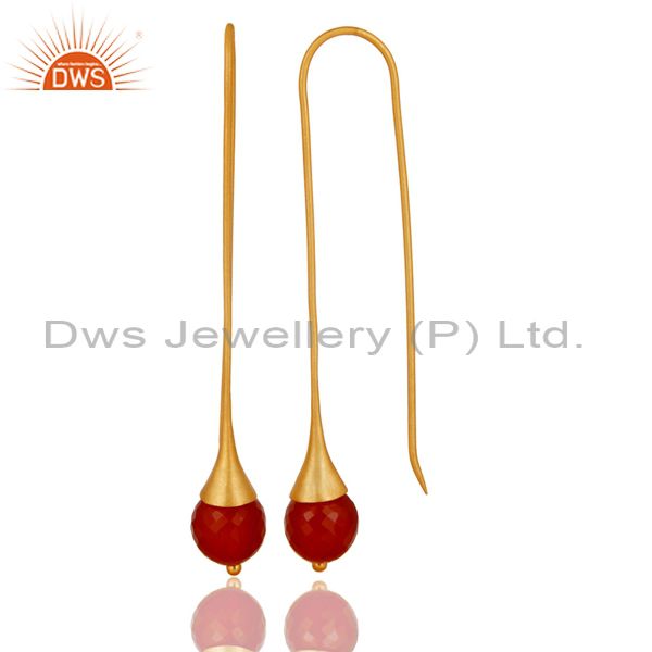 Exporter 22K Gold Plated 925 Sterling Silver Red Onyx Faceted Dangle Earrings