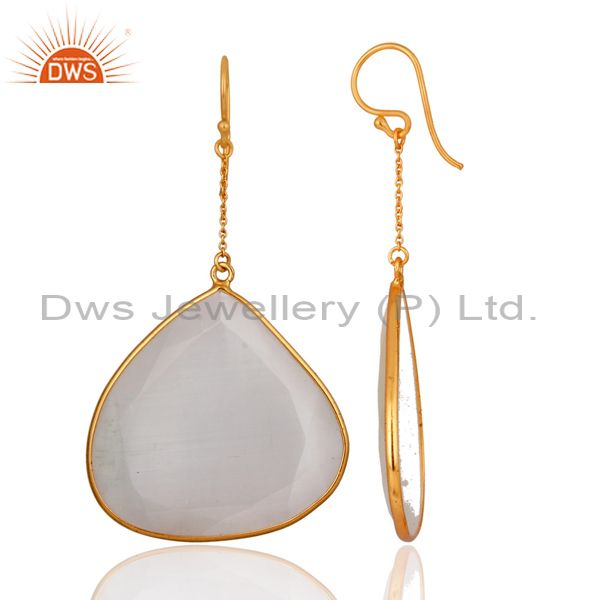 Exporter 18K Yellow Gold Plated Sterling Silver White Moonstone Bezel Set Dangle Earrings