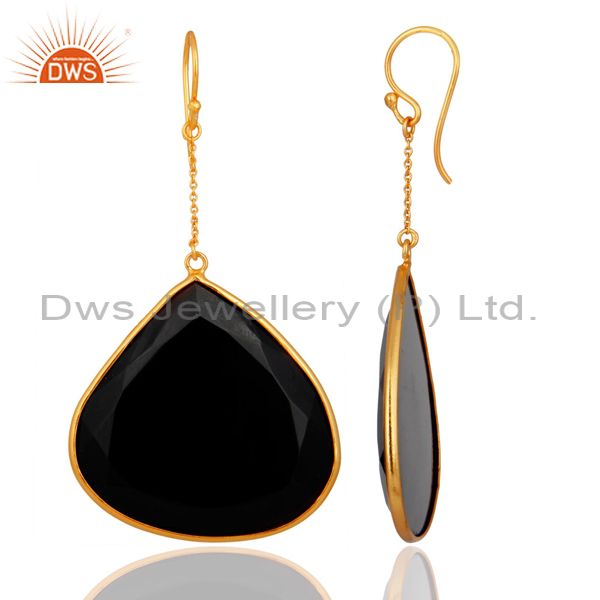 Exporter 18k Yellow Gold Plated Sterling Silver Black Onyx Gemstone Bezel Dangle Earrings